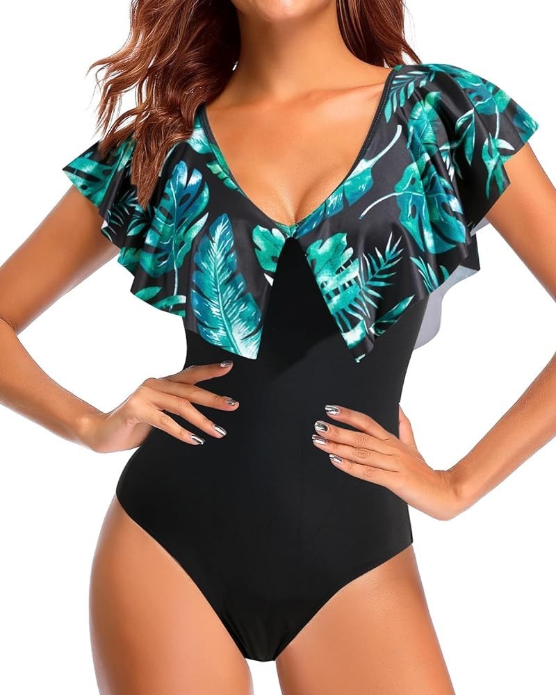 Women Ruffle One Piece Swimsuit Flounce Sleeve Swimwear V Neck Bathing Suit for Teen Girls Green Leaves Black $13.64 Swimsuits