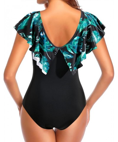 Women Ruffle One Piece Swimsuit Flounce Sleeve Swimwear V Neck Bathing Suit for Teen Girls Green Leaves Black $13.64 Swimsuits