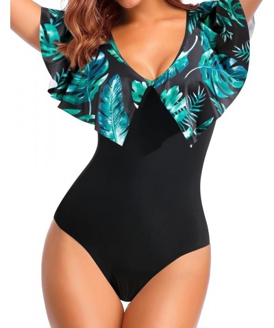 Women Ruffle One Piece Swimsuit Flounce Sleeve Swimwear V Neck Bathing Suit for Teen Girls Green Leaves Black $13.64 Swimsuits