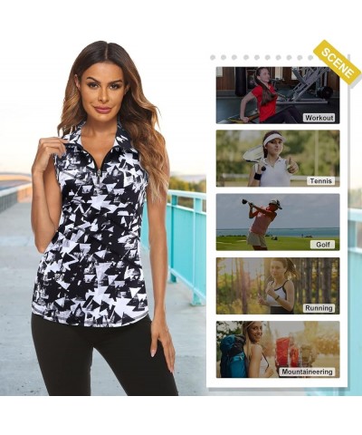 Women's Sleeveless Golf Tennis Polo Shirts Zip Up Workout Tank Tops (S-2XL) Black Geometry $14.49 Shirts