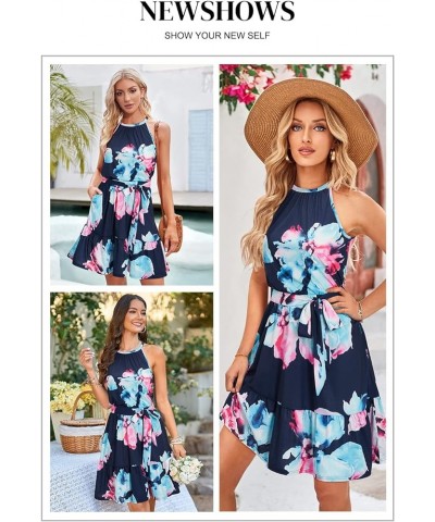 Women's 2024 Summer Dress Halter Casual Beach Vacation Outfits Hawaiian Dresses Ruffle Belted Sundress with Pockets Floral-3 ...