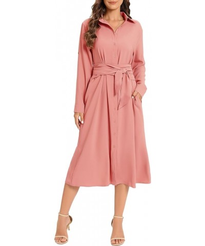 Women's Casual Flowy Tie Waist Button Down Long Sleeve Midi Shirt Dress Coral $23.76 Dresses