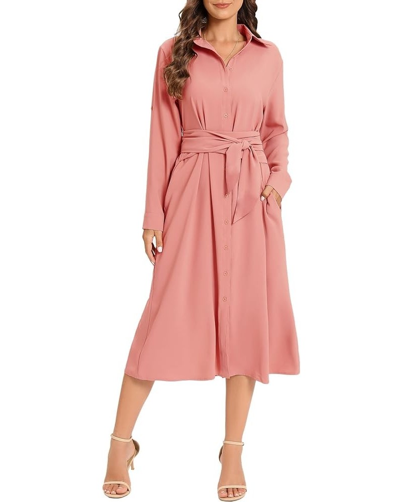 Women's Casual Flowy Tie Waist Button Down Long Sleeve Midi Shirt Dress Coral $23.76 Dresses