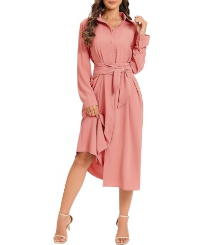 Women's Casual Flowy Tie Waist Button Down Long Sleeve Midi Shirt Dress Coral $23.76 Dresses