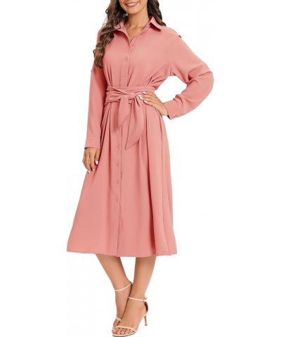 Women's Casual Flowy Tie Waist Button Down Long Sleeve Midi Shirt Dress Coral $23.76 Dresses