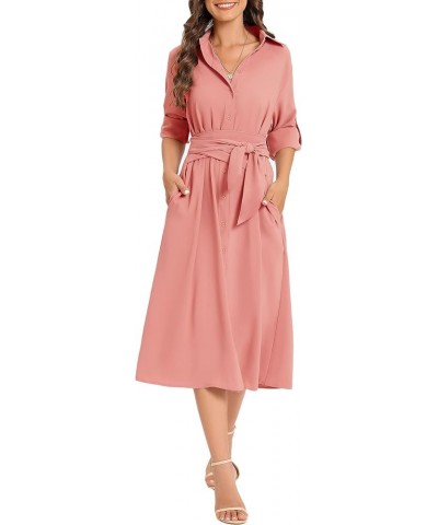 Women's Casual Flowy Tie Waist Button Down Long Sleeve Midi Shirt Dress Coral $23.76 Dresses