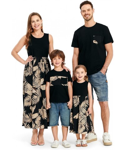 Family Matching Outfits Beach Mommy and Me Dresses Matching Set Tropical Floral Print Tank Maxi Dress and Shirts Girl Black F...