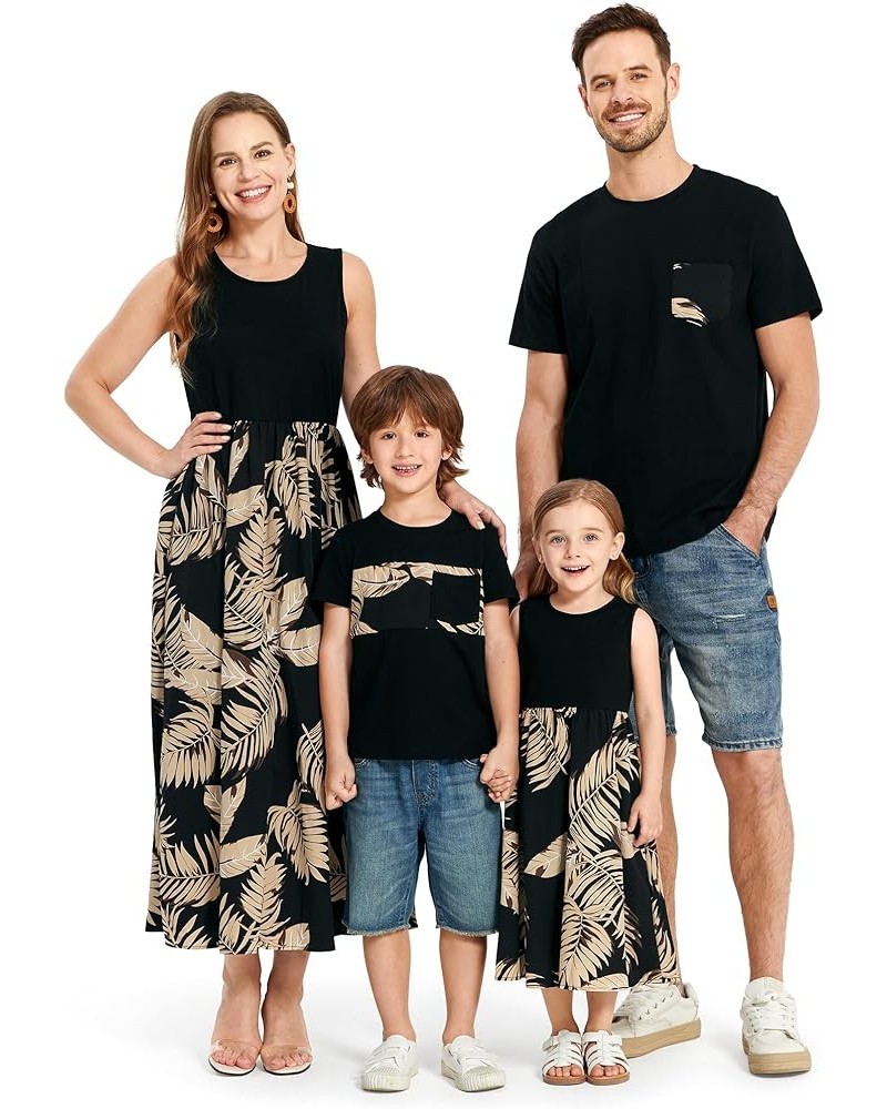 Family Matching Outfits Beach Mommy and Me Dresses Matching Set Tropical Floral Print Tank Maxi Dress and Shirts Girl Black F...