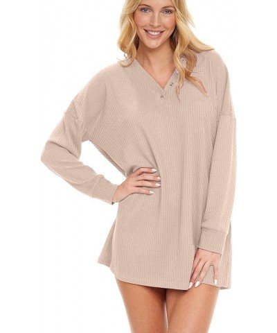 Women's Soft Ribbed Waffle Rib Knit Oversized Sleep Shirt, V-Neck Night Shirt Sweater Top Ivory $12.00 Sleep & Lounge