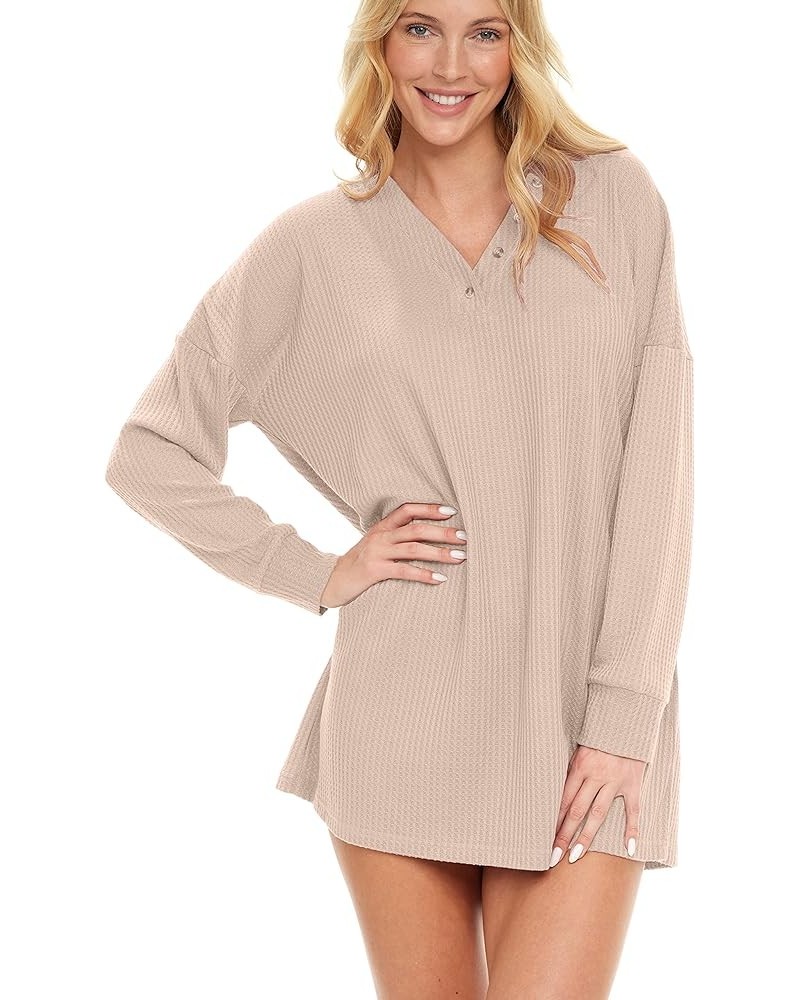 Women's Soft Ribbed Waffle Rib Knit Oversized Sleep Shirt, V-Neck Night Shirt Sweater Top Ivory $12.00 Sleep & Lounge