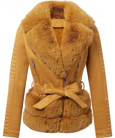 Women Faux Suede Leather Jacket Motorcycle Biker Sherpa-Lined Coat with Detachable Fur Collar Yellow Suede $36.75 Coats