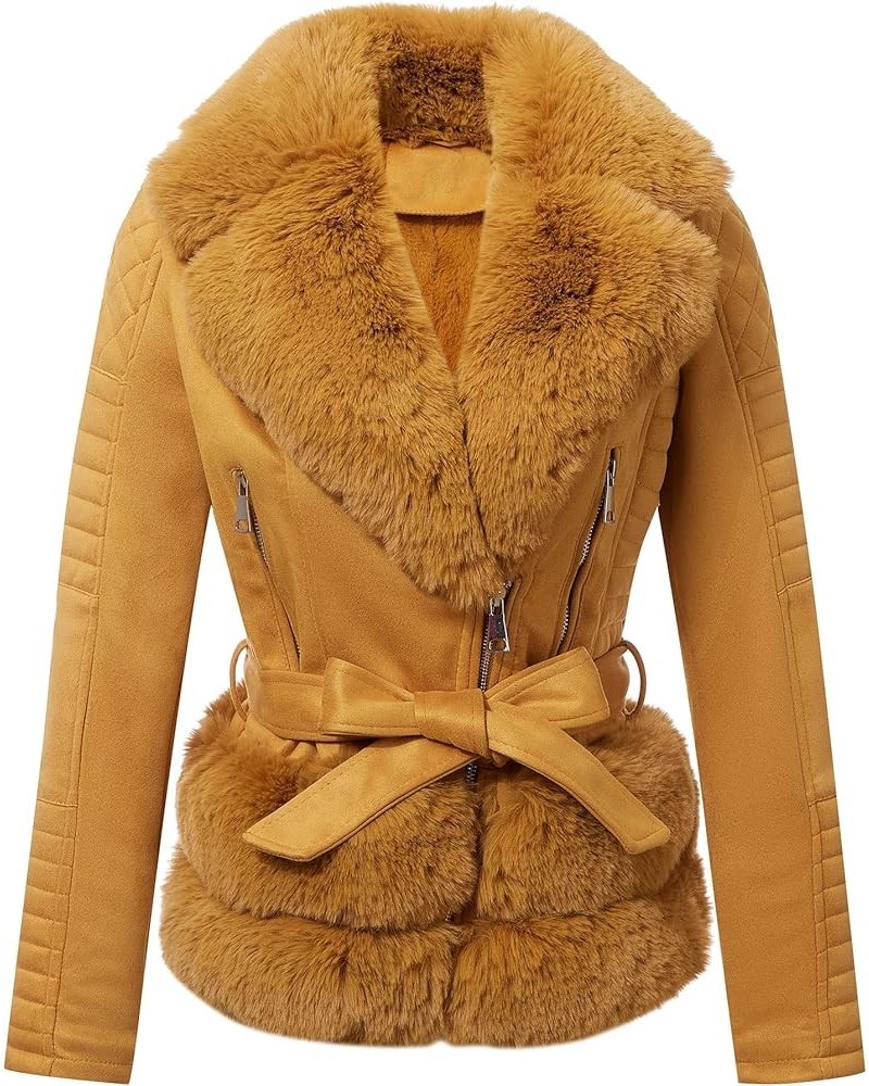 Women Faux Suede Leather Jacket Motorcycle Biker Sherpa-Lined Coat with Detachable Fur Collar Yellow Suede $36.75 Coats