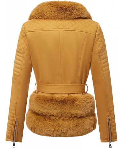 Women Faux Suede Leather Jacket Motorcycle Biker Sherpa-Lined Coat with Detachable Fur Collar Yellow Suede $36.75 Coats