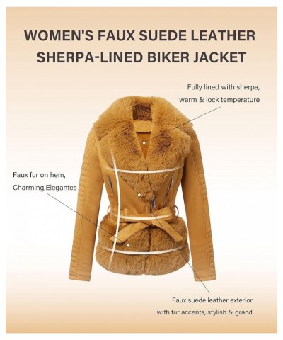 Women Faux Suede Leather Jacket Motorcycle Biker Sherpa-Lined Coat with Detachable Fur Collar Yellow Suede $36.75 Coats