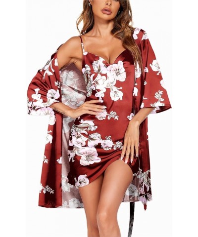 Women's Satin Robe Set Nightgown with Robes Silk Pajama Set 2 Pieces Lingerie Cowl Neck Cami Sleepwear Sets Wine Floral $20.2...