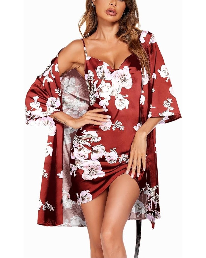 Women's Satin Robe Set Nightgown with Robes Silk Pajama Set 2 Pieces Lingerie Cowl Neck Cami Sleepwear Sets Wine Floral $20.2...