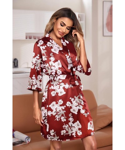 Women's Satin Robe Set Nightgown with Robes Silk Pajama Set 2 Pieces Lingerie Cowl Neck Cami Sleepwear Sets Wine Floral $20.2...