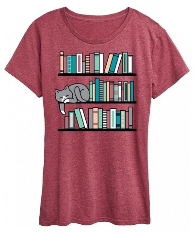 Cat Book Shelf - Women's Short Sleeve Graphic T-Shirt Heather Wine $10.99 Others