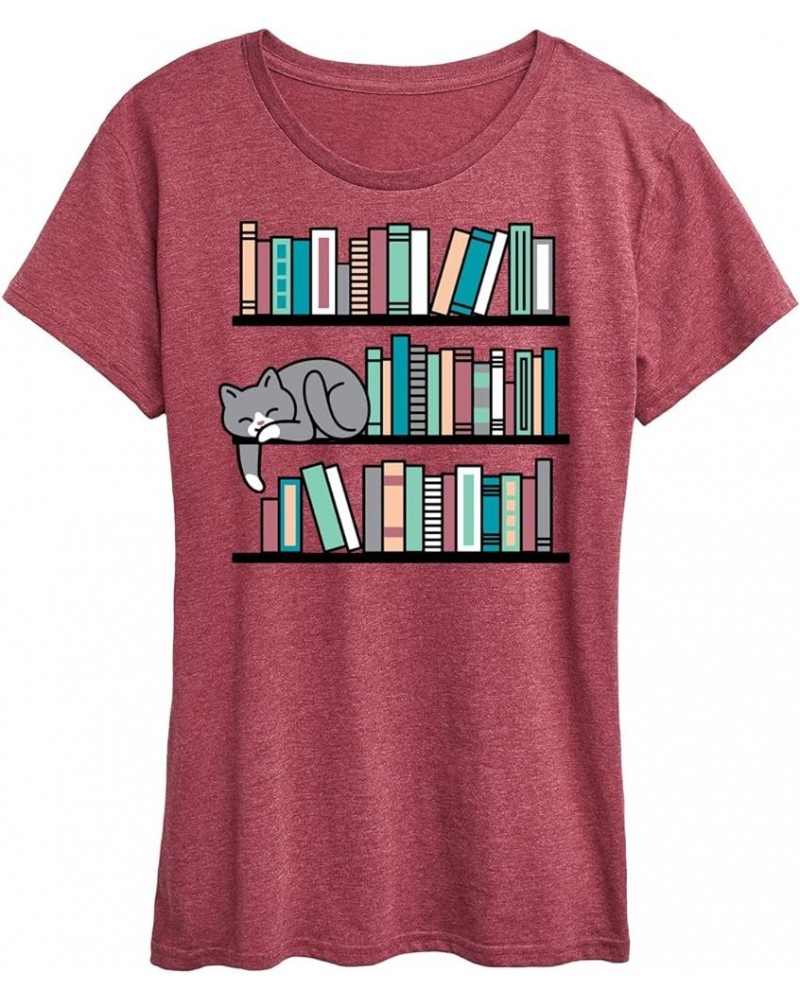 Cat Book Shelf - Women's Short Sleeve Graphic T-Shirt Heather Wine $10.99 Others