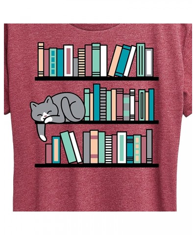 Cat Book Shelf - Women's Short Sleeve Graphic T-Shirt Heather Wine $10.99 Others