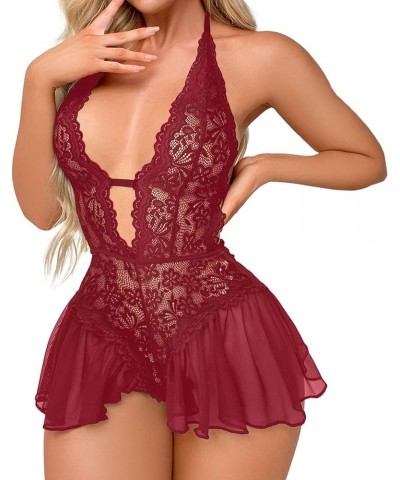 Lingerie for Women Womens Lace Lingeries Chemise Sexy V Neck Nighty Mesh Sleepwear Plus Size Boudoir Teddy Nightdress Z95-red...