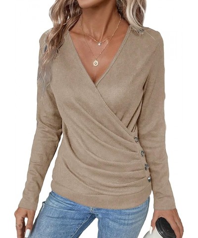 Women's Long Sleeve V Neck Wrap Tee Shirts Plain Ruched Button Detail Casual Tee Tops Khaki $12.25 T-Shirts