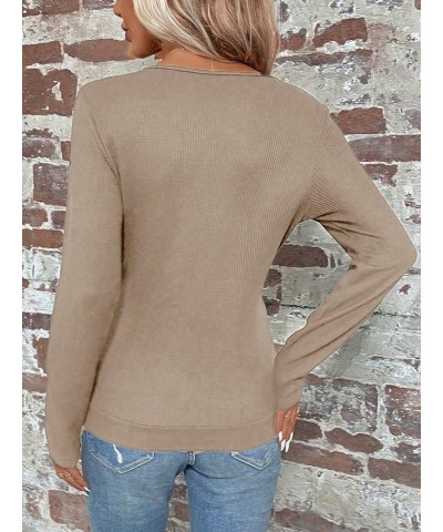 Women's Long Sleeve V Neck Wrap Tee Shirts Plain Ruched Button Detail Casual Tee Tops Khaki $12.25 T-Shirts