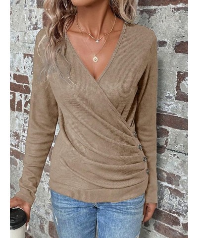 Women's Long Sleeve V Neck Wrap Tee Shirts Plain Ruched Button Detail Casual Tee Tops Khaki $12.25 T-Shirts