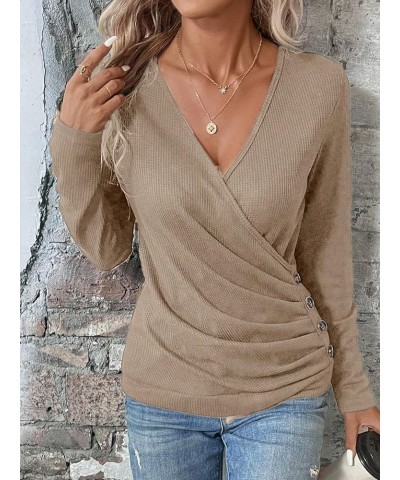 Women's Long Sleeve V Neck Wrap Tee Shirts Plain Ruched Button Detail Casual Tee Tops Khaki $12.25 T-Shirts