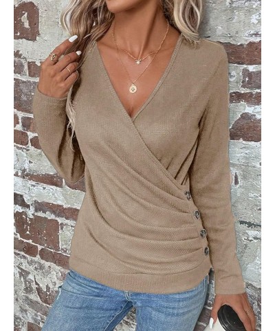 Women's Long Sleeve V Neck Wrap Tee Shirts Plain Ruched Button Detail Casual Tee Tops Khaki $12.25 T-Shirts