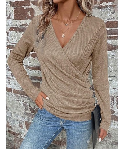 Women's Long Sleeve V Neck Wrap Tee Shirts Plain Ruched Button Detail Casual Tee Tops Khaki $12.25 T-Shirts