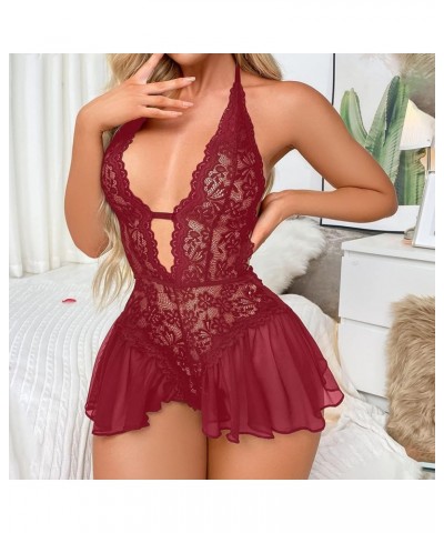 Lingerie for Women Womens Lace Lingeries Chemise Sexy V Neck Nighty Mesh Sleepwear Plus Size Boudoir Teddy Nightdress Z95-red...