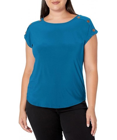 Women's Plus Size Button Shoulder Top Teal $7.26 Blouses