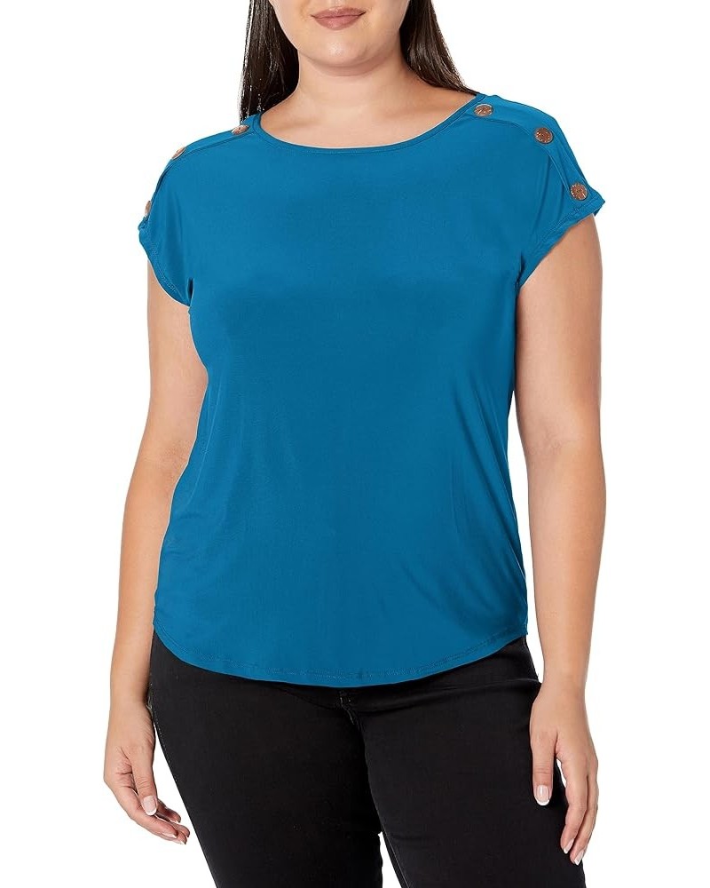 Women's Plus Size Button Shoulder Top Teal $7.26 Blouses