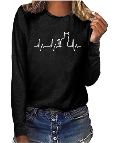 Tops for Women T-Shirts Long Sleeve Cat Printed Graphic Tees Casual Loose Crewneck Base Layer Shirts Blouses Black $7.27 T-Sh...