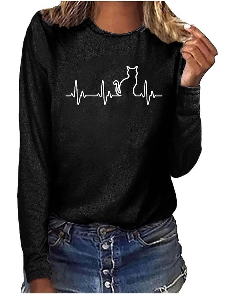 Tops for Women T-Shirts Long Sleeve Cat Printed Graphic Tees Casual Loose Crewneck Base Layer Shirts Blouses Black $7.27 T-Sh...