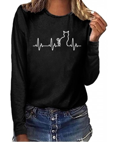 Tops for Women T-Shirts Long Sleeve Cat Printed Graphic Tees Casual Loose Crewneck Base Layer Shirts Blouses Black $7.27 T-Sh...