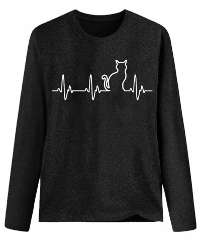 Tops for Women T-Shirts Long Sleeve Cat Printed Graphic Tees Casual Loose Crewneck Base Layer Shirts Blouses Black $7.27 T-Sh...