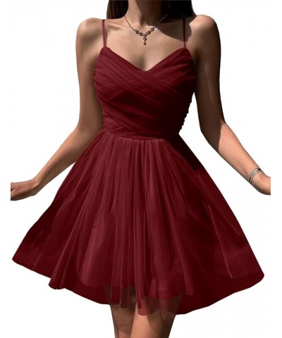 Tulle Homecoming Dresses for Teens Spaghetti Straps Short Mini Prom Party Cocktail Gowns Burgundy $32.99 Dresses