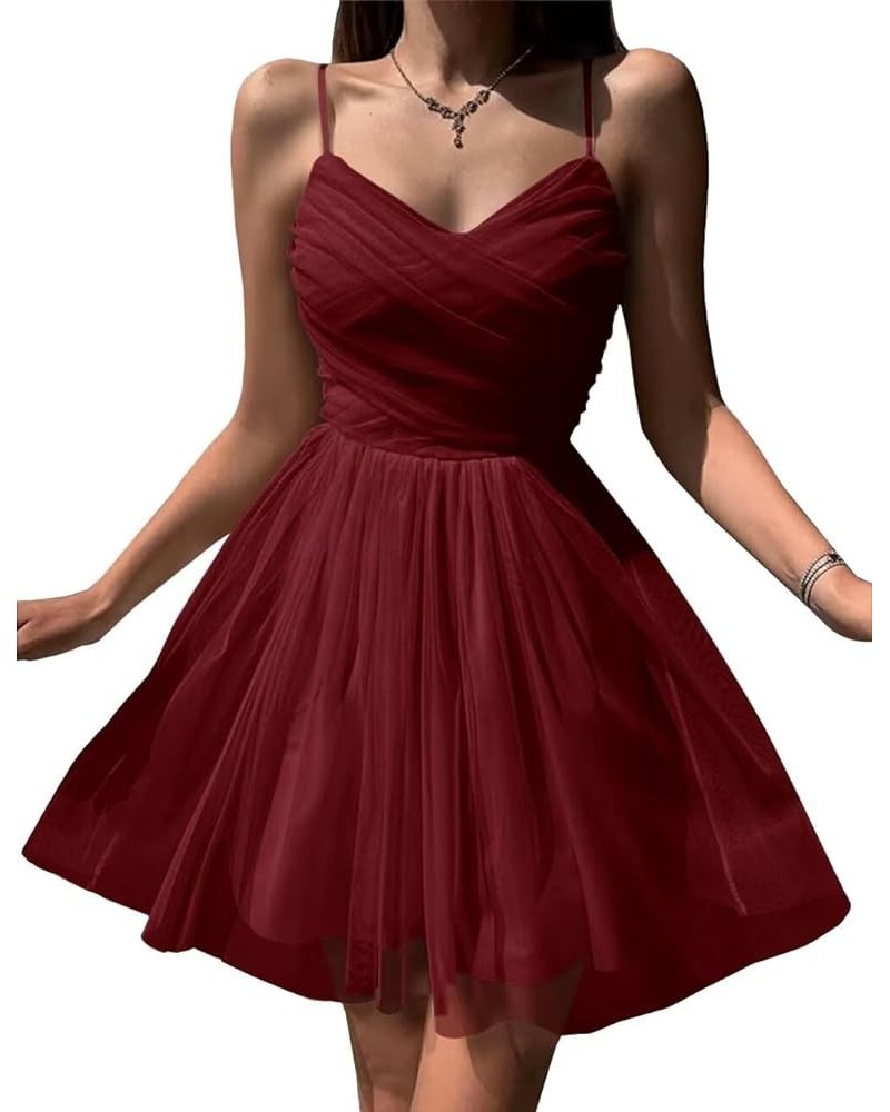 Tulle Homecoming Dresses for Teens Spaghetti Straps Short Mini Prom Party Cocktail Gowns Burgundy $32.99 Dresses