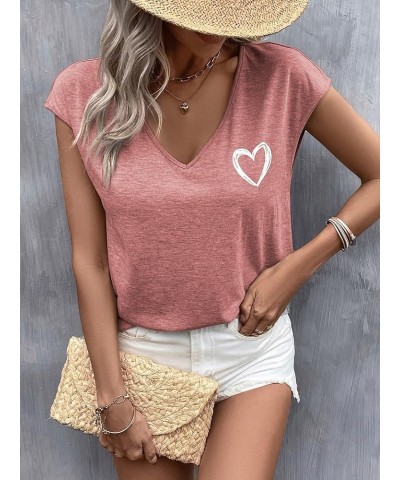 Women's Heart Print Short Sleeve Tee Top V Neck Casual Pullover T Shirt Dusty Pink $11.79 T-Shirts