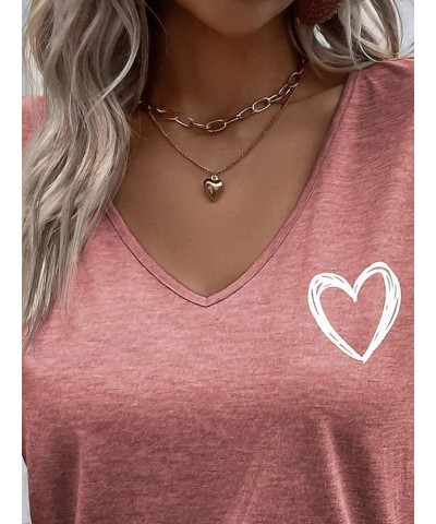 Women's Heart Print Short Sleeve Tee Top V Neck Casual Pullover T Shirt Dusty Pink $11.79 T-Shirts