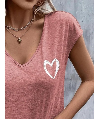 Women's Heart Print Short Sleeve Tee Top V Neck Casual Pullover T Shirt Dusty Pink $11.79 T-Shirts