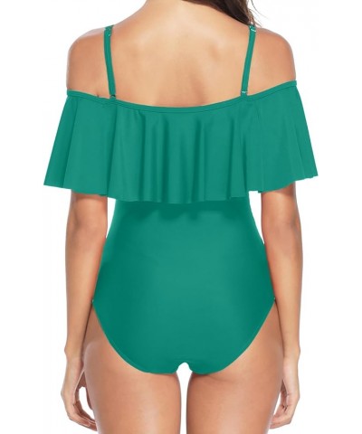 Women Off Shoulder One Piece Swimsuits Tummy Control Bathing Suits Vintage Ruffle Swimwear Teen Girls Green $16.10 Swimsuits