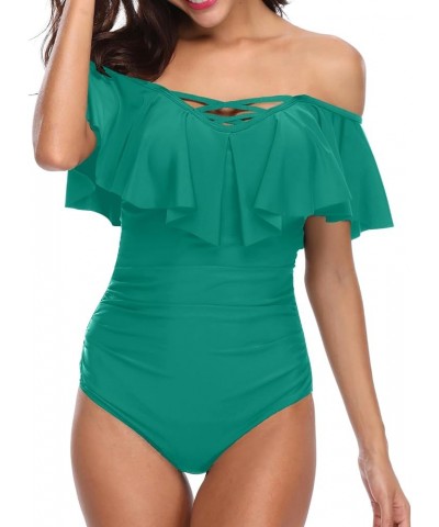 Women Off Shoulder One Piece Swimsuits Tummy Control Bathing Suits Vintage Ruffle Swimwear Teen Girls Green $16.10 Swimsuits