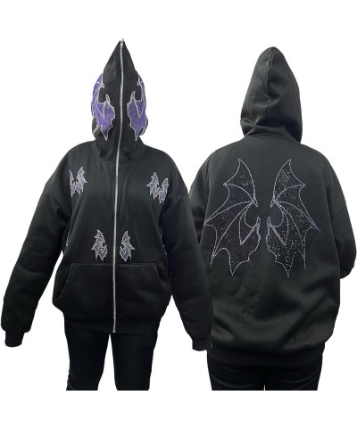 Y2K Rhinestone Full Zip Up Hoodie Women Man Goth Graphic Oversized Punk Jackets Grunge Sweatshirt Coat H-black Wing $17.69 Ho...