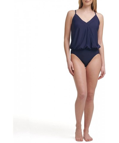 Standard V-Neckline Blouson Wrap Shelf Bra One Piece Swimsuit Navy $15.01 Swimsuits