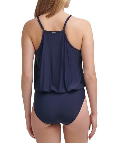 Standard V-Neckline Blouson Wrap Shelf Bra One Piece Swimsuit Navy $15.01 Swimsuits