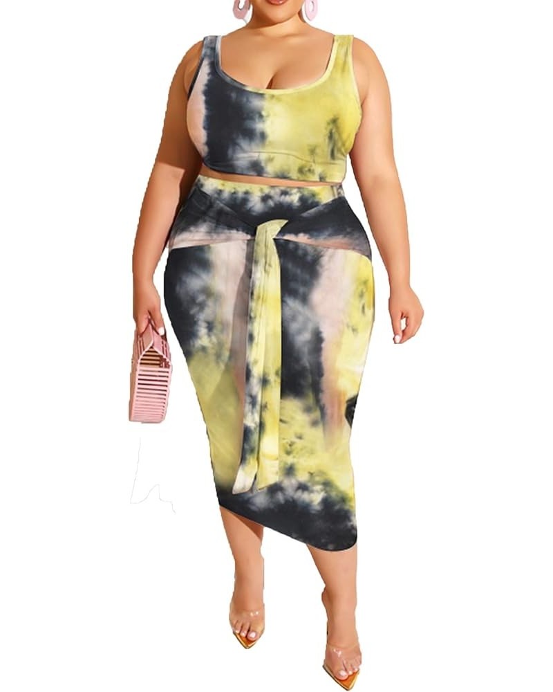 Womens Sexy Plus Size 2 Piece Midi Dress Outfits - Sleeveless Tie Dye Print Tank Crop Top Bodycon Skirts Set Light Yellow-1 $...