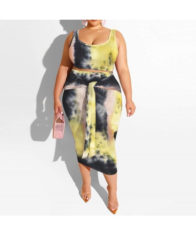 Womens Sexy Plus Size 2 Piece Midi Dress Outfits - Sleeveless Tie Dye Print Tank Crop Top Bodycon Skirts Set Light Yellow-1 $...